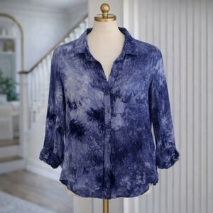 VELVET Heart Long Sleeve Tie Dye Navy Blue Blouse Small